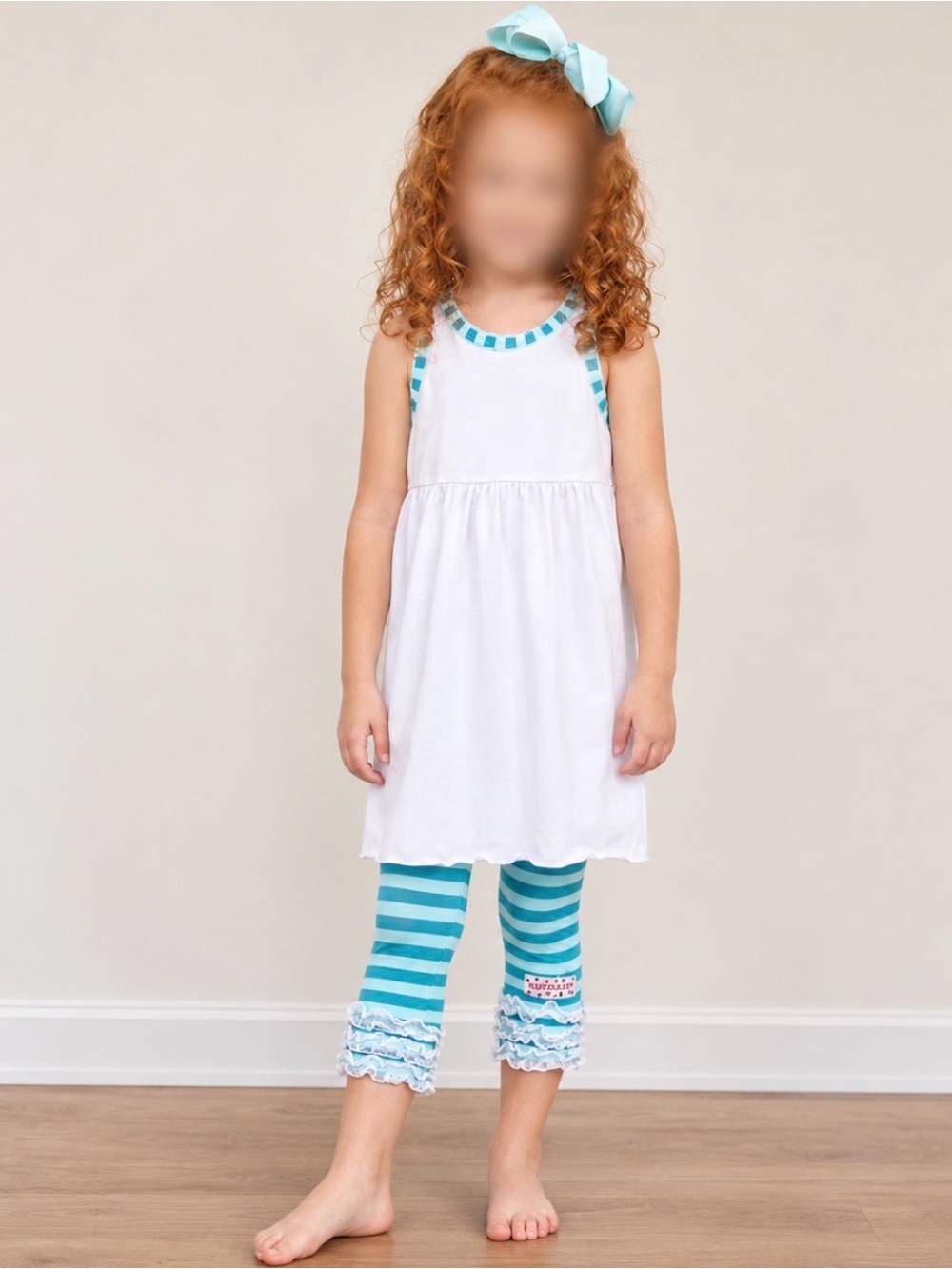 Ruffle Girl White Tunic & Aqua Ruffle Legging Capri Set